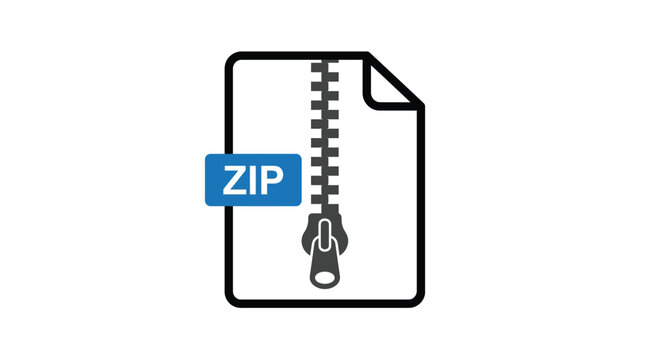 Minimalist vector illustration of a digital zip file icon featuring a simple blue label tag