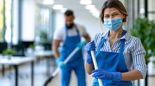 Diverse cleaning team sanitizing a modern office workspace, vacuuming and mopping floors, corporate janitorial service  , with copy space