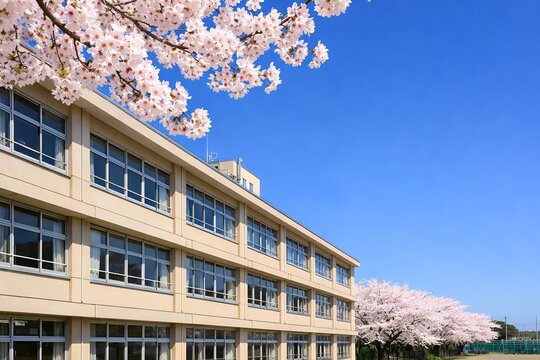 満開の桜と青空が輝く入学卒業新生活にぴったりの日本の学校風景