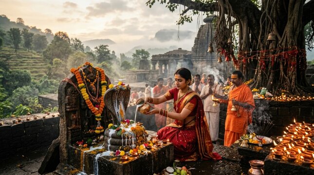 Hindu woman pouring fresh milk onto sacred stone cobra statue, celebrating traditional nag panchami festival inside ancient forest temple courtyard filled with burning clay diya lamp.