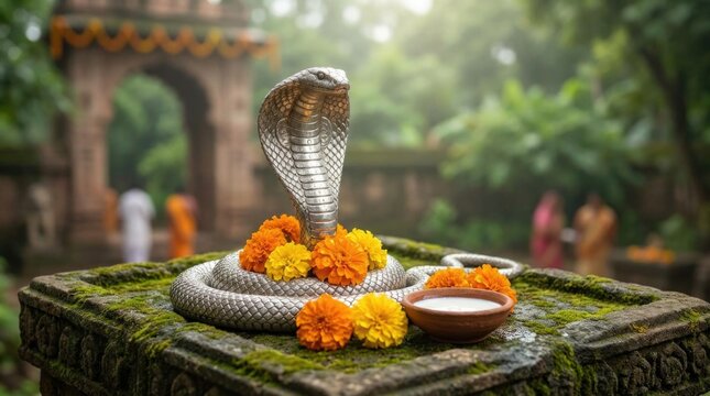 Silver cobra idol, Nag Panchami festival celebration, traditional hindu deity statue, mossy stone altar, yellow marigold flower decoration, clay bowl offering fresh milk, sacred garden temple.