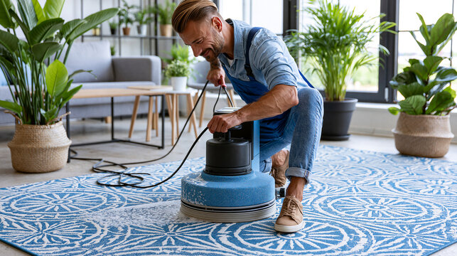 Professional cleaner washing a soapy rug using a heavy rotary floor buffer machine, deep fabric cleaning process  , with copy space