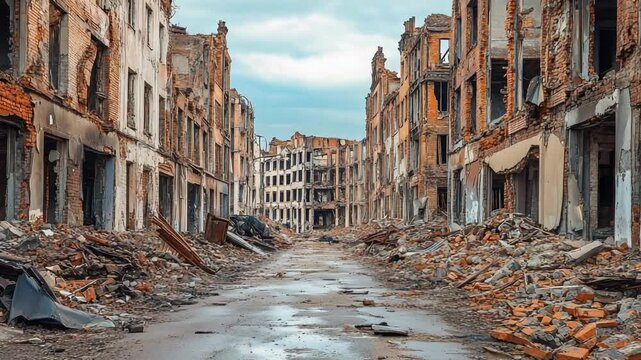 Destroyed buildings and rubble littering a city street after heavy bombing, showcasing the devastating aftermath of war, conflict, and military aggression