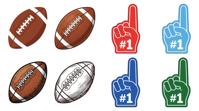 Detailed vector illustration set featuring American footballs and colorful foam fingers for sports fan events