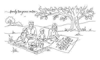 Continuous line of a family having a picnic on the grass while a family tree on a large sheet of paper, outdoor scene with a tree, black and white