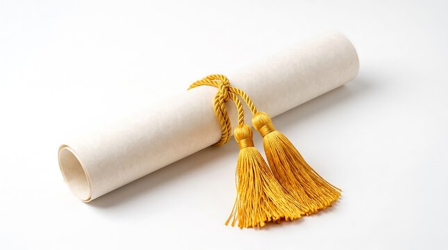 Rolled graduation diploma tied with golden tassel on white background for academic achievement concept