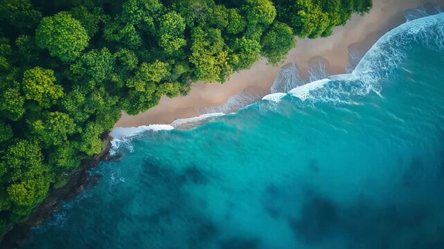 Aerial top-down view of a tropical paradise beach with turquoise ocean waves gently washing ashore on the sand next to a lush green rainforest, a serene coastal scene
