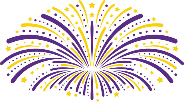 Colorful purple and yellow fireworks burst vector illustration with small stars isolated on white background