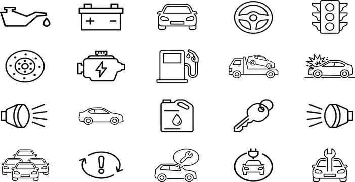 Car Service and Automotive Parts Vector Line Icon Set Featuring Engine Check Battery Fuel Pump Traffic Light Crash and Repair SymbolsCar Service 