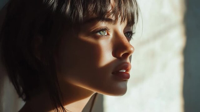 Beautiful young woman with freckles and green eyes looking thoughtfully while illuminated by a ray of natural sunlight, creating an artistic contrast of light and shadow