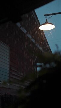 Heavy rain falling beside lamp lantern by wooden wall, Intense downpour with raindrops over lush greenery during tropical storm outdoors, 4k slow motion vertical video