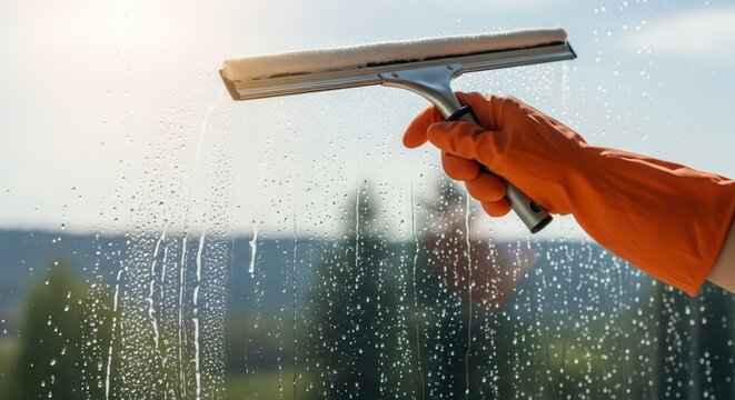 Close-up of hand in orange glove using squeegee to clean glass window