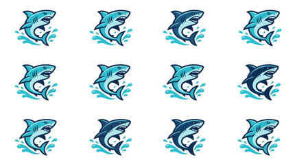 Fototapeta premium Cartoon blue shark mascot stickers jumping in water.