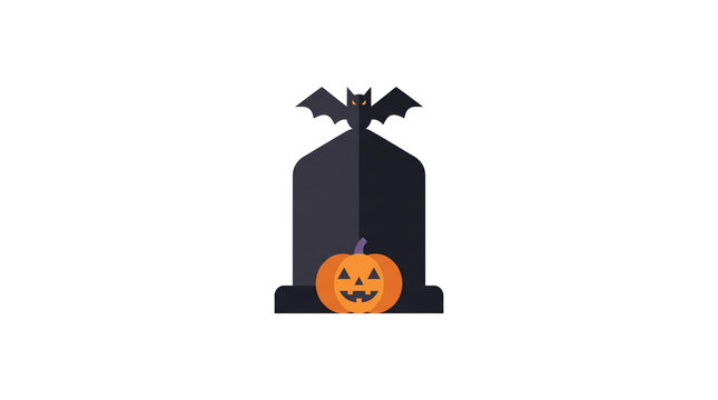 Minimalist Graveyard Tombstone with a Small Black Bat Resting on Top Vector
