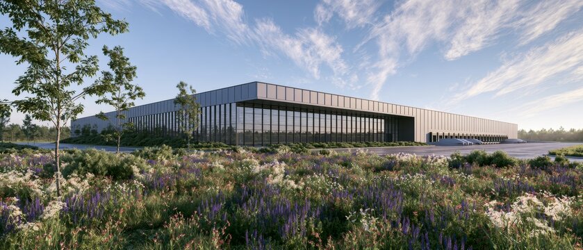 New building features modern design in open area with flowers and trees