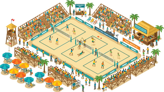 Isometric Beach Volleyball Tournament Vector Illustration Featuring Sand Courts Stadium Bleachers Crowds Players and Tropical Palm Trees