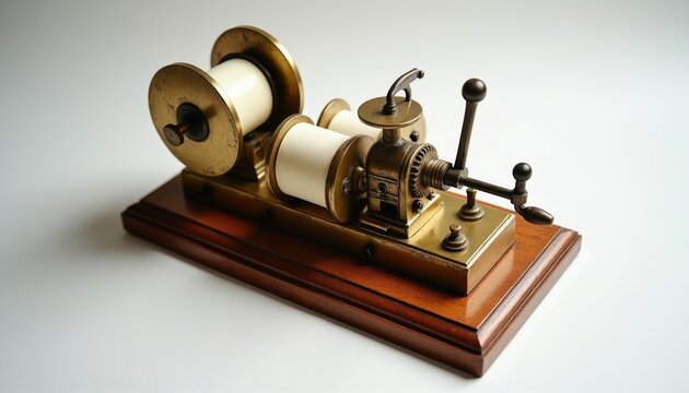 Antique brass telegraph machine rests on wooden base with paper tape rolls. Old electrical communication device transmits message signals via historical morse code method. Retro transmitter equipment