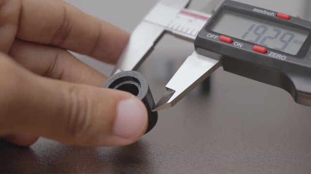Engineer measuring plastic part diameter with digital caliper