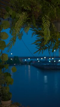 Hanging tropical ferns overlooking canal at blue hour in Lat Krabang Thailand, Lush riverside plants framing evening waterfront with reflections on calm canal water, 4k vertical video