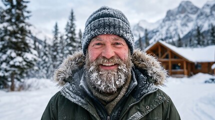 Fototapeta premium Joyful Man with Frosty Beard and Winter Hat in Snowy Landscape Near Log Cabin