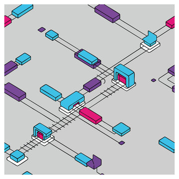 Colorful interconnected 3D isometric blocks with arrows and dots illustrating network flow concepts for data visualization, technology diagrams, workflow management, and digital infrastructure design