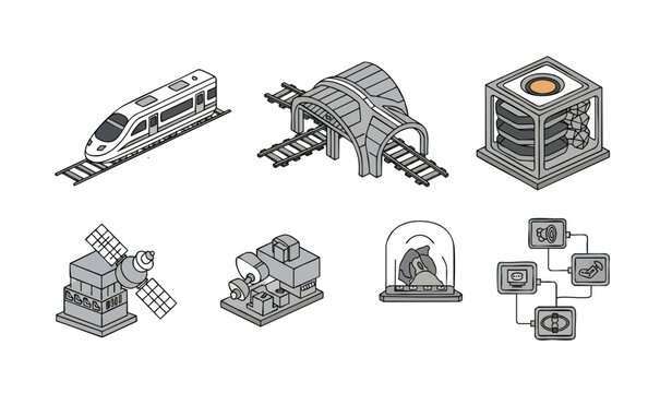 Isometric futuristic robotic drones and delivery vehicles in flat design with interconnected logistics network, concept for smart city infrastructure, e-commerce innovation, and automated