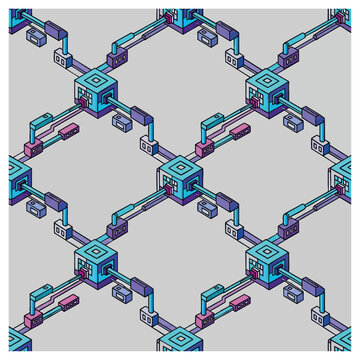 Intricate futuristic interconnected network nodes with glowing blue and purple highlights, concept for digital technology, cybersecurity, and smart infrastructure design in modern corporate and urban