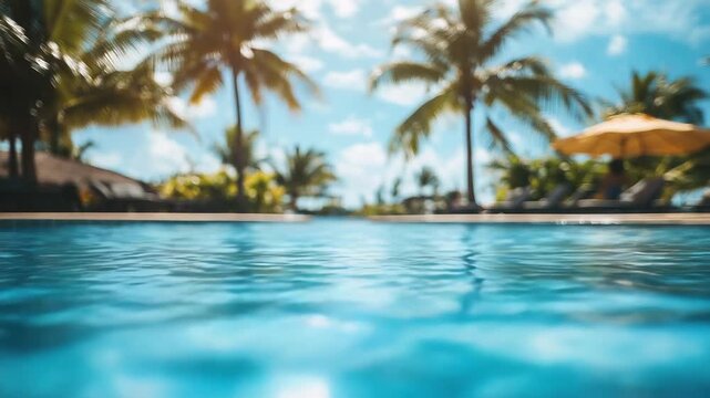 Serene swimming pool reflecting a sunny tropical resort with palm trees, representing a luxurious summer vacation, relaxation, and peaceful travel getaway