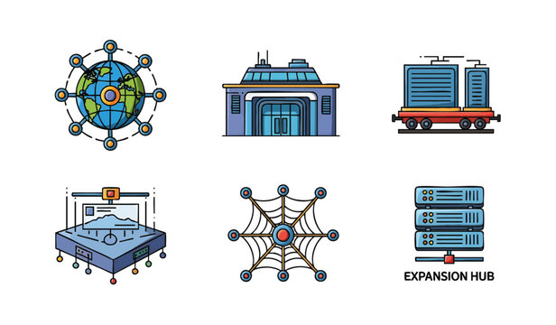 Modern colorful flat design icons illustrating global logistics and transportation network with futuristic technology concepts for supply chain management, digital innovation, and industrial