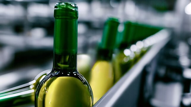 Green necked wine bottles filled with a yellow gold beverage are moving along a conveyor belt in a modern industrial setting, representing automated production and manufacturing processes