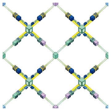 Vibrant molecular crystalline lattice structure with interconnected nodes and spheres, concept for nanotechnology, scientific research, and educational materials in chemistry and physics visualization
