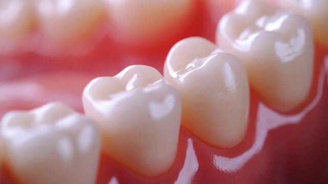 Close-up focus pull on dental jaw model showing healthy teeth, gums, and molars for orthodontics, prosthetics, and oral hygiene education in a dentistry clinic