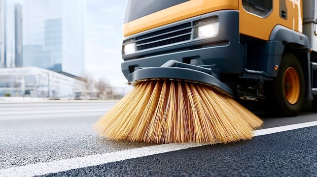 Street sweeper truck performing urban cleaning, operating its rotating brush on the asphalt road, maintaining city infrastructure and ensuring public sanitation