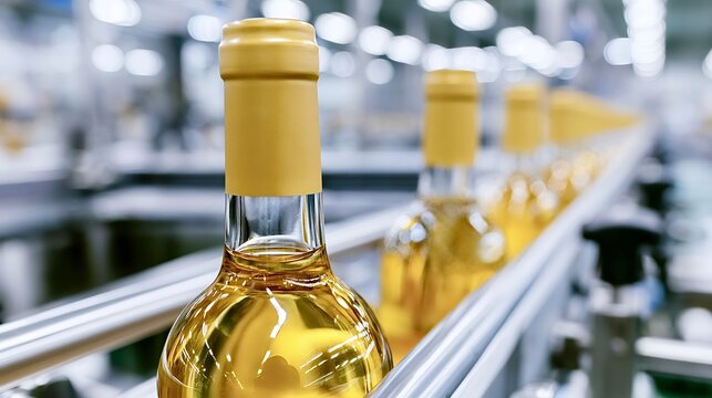Wine bottles with yellow caps are progressing on an automated conveyor system during the bottling process within a modern industrial winery facility