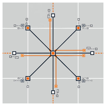 Minimalist geometric grid layout with interconnected orange and gray nodes on a clean background, concept for network systems, flowchart design, data visualization, and infographic templates for