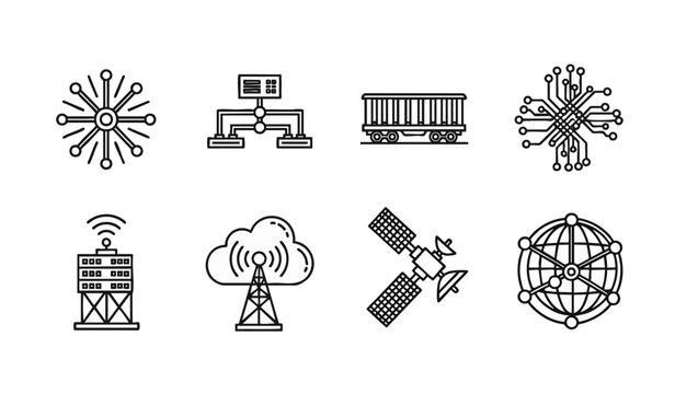 Modern interconnected digital network icons with wireless technology and global communication elements, concept for IoT, smart cities, and tech innovation design in presentations, infographics, and