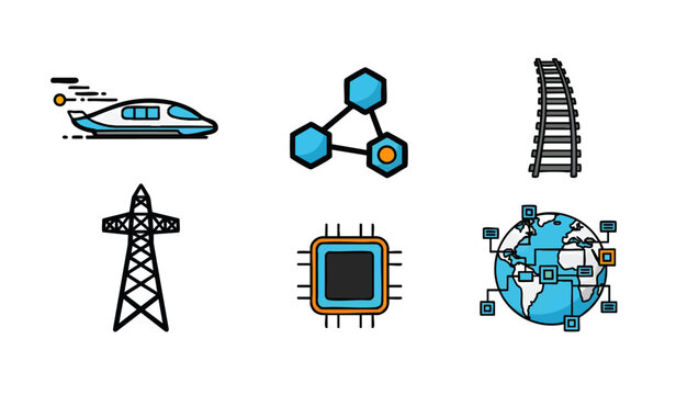 Colorful flat vector icons illustrating global connectivity and modern technology infrastructure with cloud computing, IoT, and communication concepts for digital networking, smart city planning, and