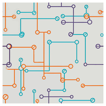 Colorful interconnected schematic network diagram on grid with vibrant node pathways, concept for data visualization, workflow mapping, and digital infrastructure design in technology and business