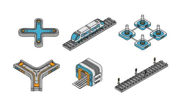 Isometric colorful modular infrastructure components on white background with interconnected elements, concept for urban planning, data visualization, and smart city development design projects