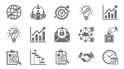 Fototapeta premium Gray business strategy and productivity icon collection