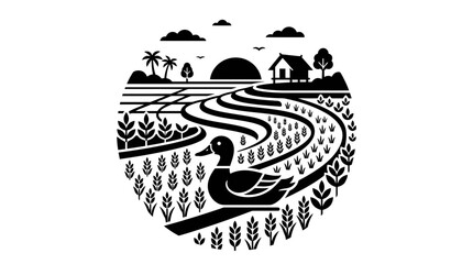 Fototapeta premium Duck on Rice Paddy Field, Rural Farm Landscape, Sunrise Silhouette