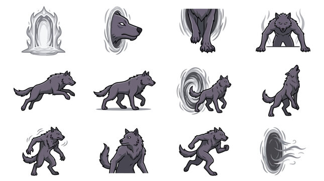 Grey wolf character illustrations in various action poses.