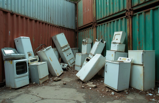 Old discarded refrigerators, washing machines stacked inside container yard. Broken household appliances lay on ground near rusted industrial shipping containers. Junkyard filled with scrap metal,