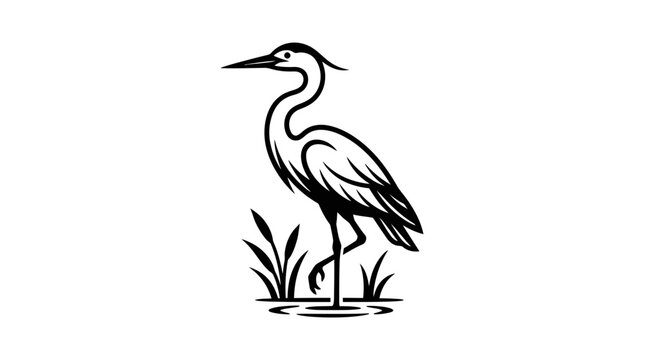 Elegant Heron Bird Silhouette Standing in Water with Reeds, Minimalist Line Art