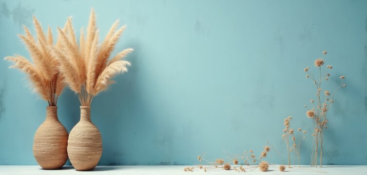 Dry pampas grass stands in rustic woven vases against textured blue wall. Beige floral stems, small wildflowers create calm aesthetic background. Minimalist interior design features natural dried