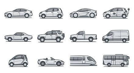 Obraz premium Modern urban transportation icon set with cars and transit.