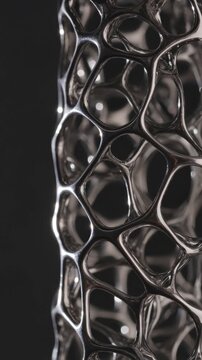 Abstract voronoi chrome structure rotating with intricate lattice design. Modern bionic 3d printed art object showcasing a complex and futuristic metallic pattern