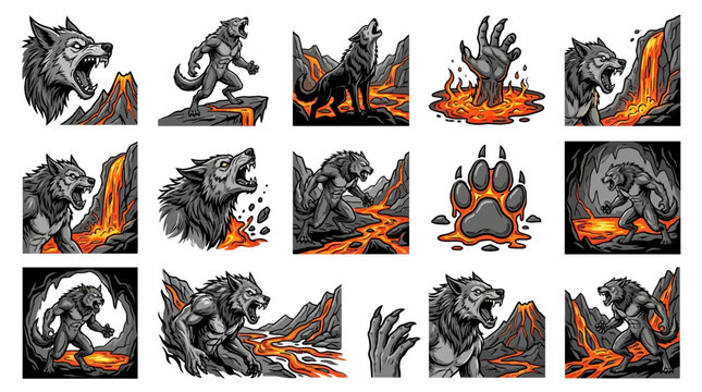 Lava wolf monster fantasy environment illustrations.