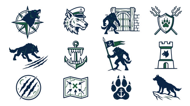 Nautical wolf and werewolf emblem logo set.