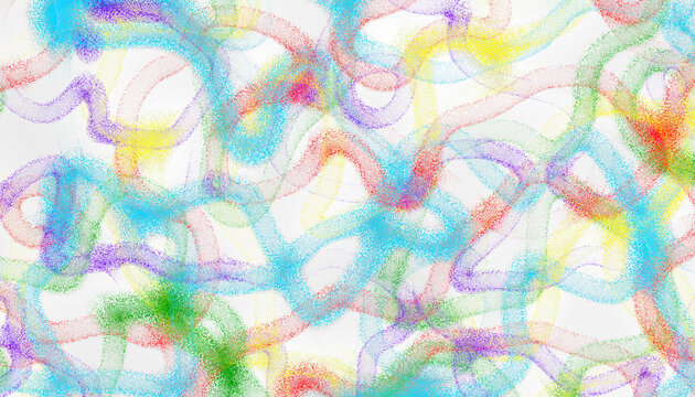 Imitation of hand-drawn texture with chaotic wavy scribbles of colorful crayons on a white overlay transparent background. Overlay PNG
